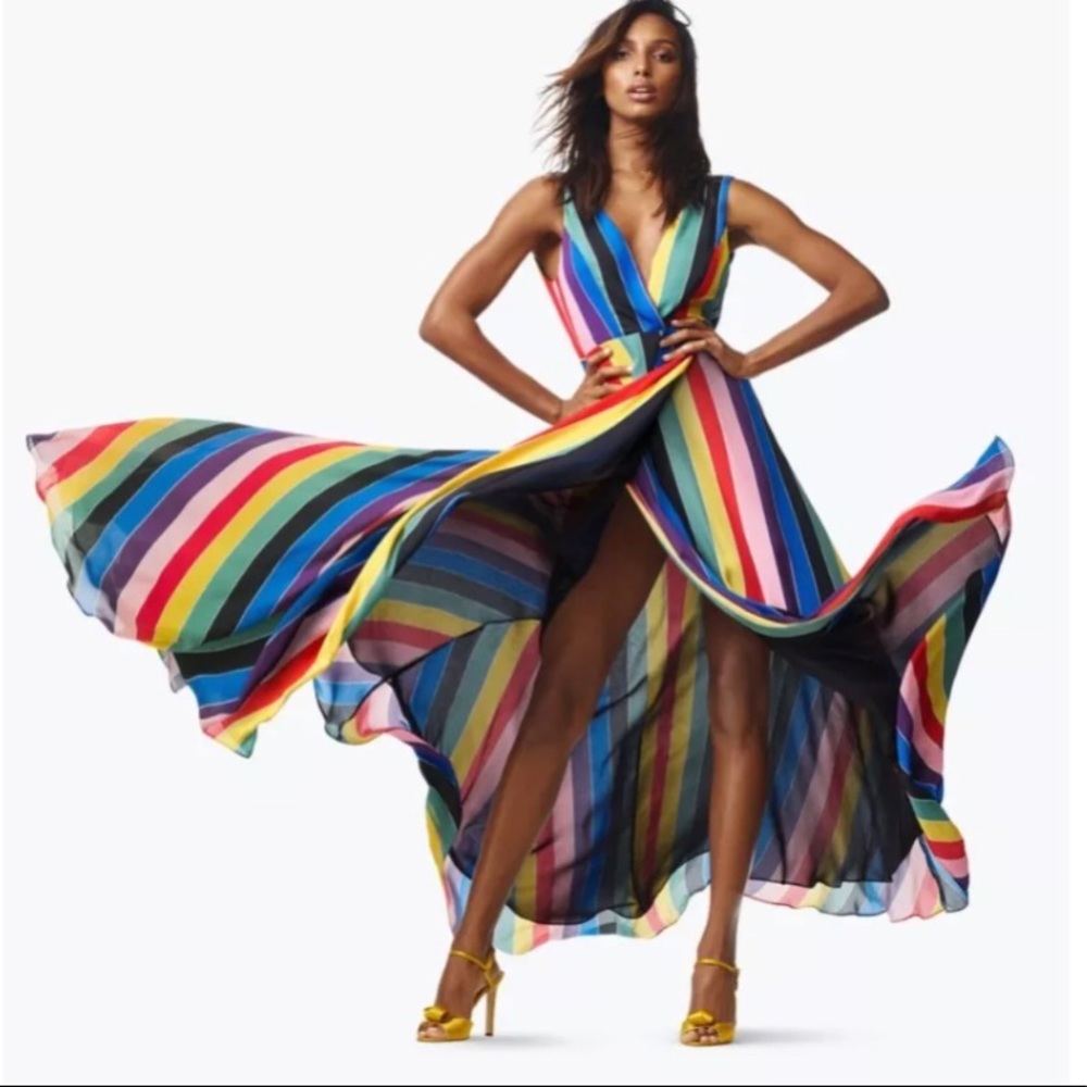 AQUA Rainbow Striped Maxi Wrap Dress, Size XS